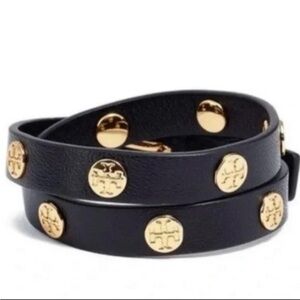 Tory Burch Black Leather Wrap Around Bracelet